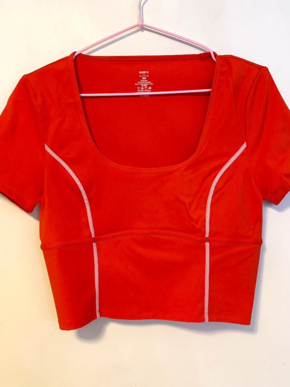 Barrys Bandier Active Workout Stretch Crop Short Sleeve Top Red White Womens M - Picture 2 of 4
